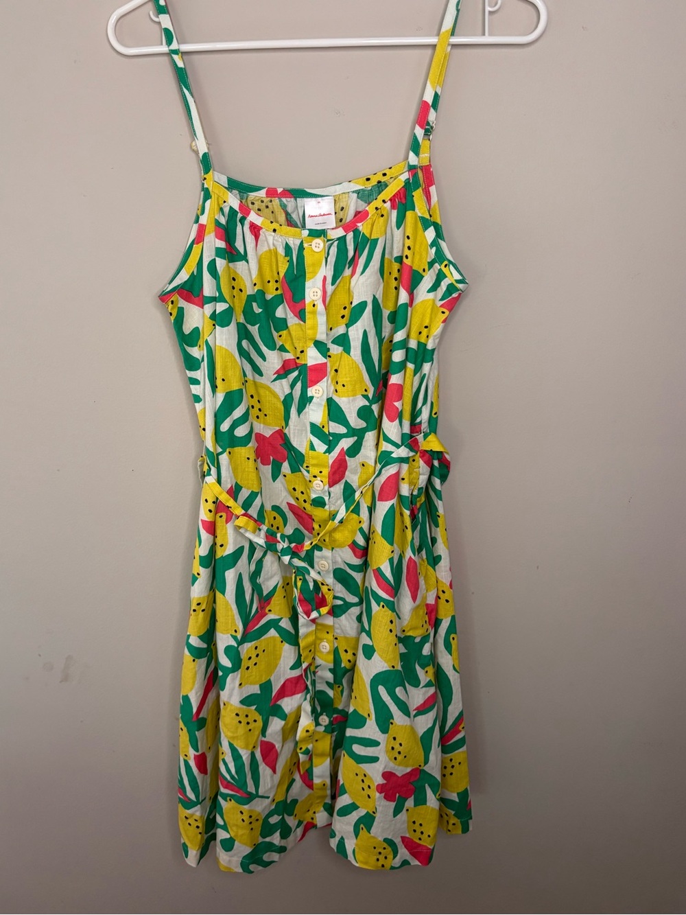 Hanna Andersson cotton lemon print tie waist sundress white yellow green medium